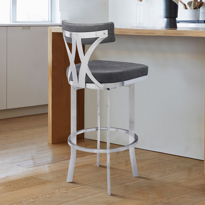 Natalie 30" Bar Height Vintage Gray Faux Leather Upholstery and Brushed Stainless Steel Bar Stool - Furniture City (CA)l