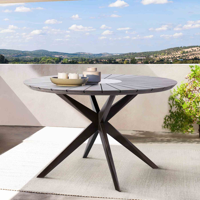 Oasis Outdoor Dark Eucalyptus Wood and Stone Round Dining Table - Furniture City (CA)l