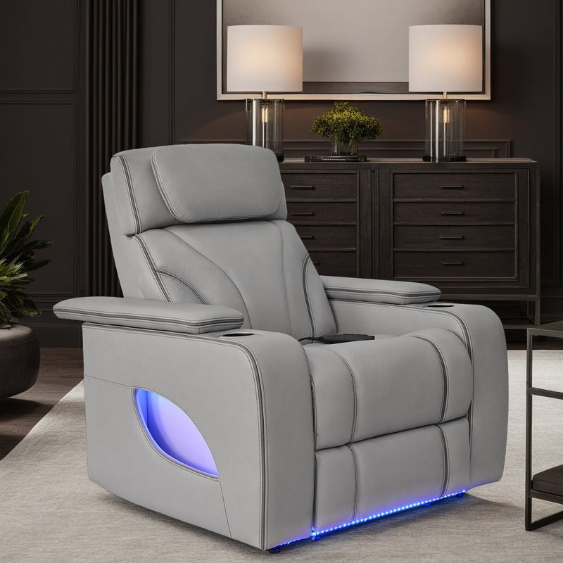 Octavia Zero Gravity Power Recliner with Heat and Massage in Silver and Gray Leather - Furniture City (CA)l