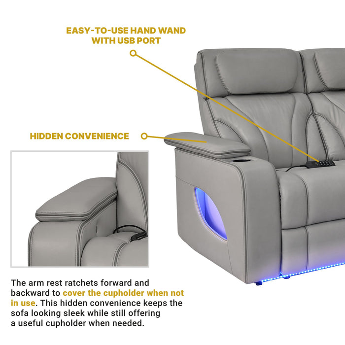 Octavia 86" Zero Gravity Power Reclining Sofa with Heat and Massage in Silver and Gray Leather