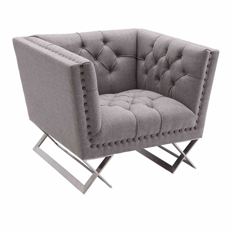 Odyssey Sofa Chair in Brushed Stainless Steel finish with Gray Tweed and Black Nail heads - Furniture City (CA)l