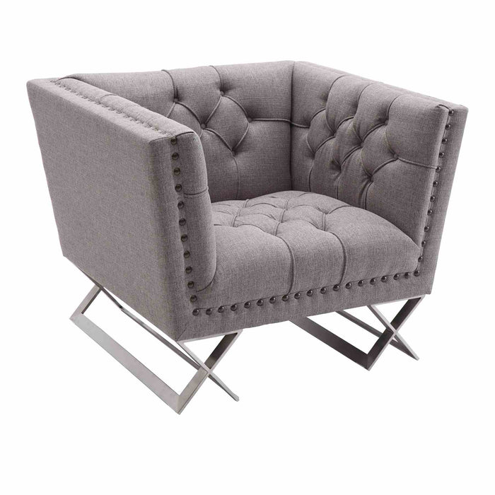 Odyssey Sofa Chair in Brushed Stainless Steel finish with Gray Tweed and Black Nail heads