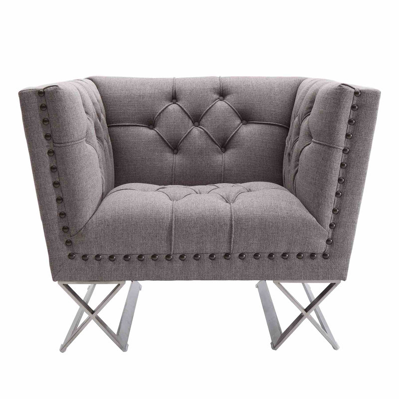 Odyssey Sofa Chair in Brushed Stainless Steel finish with Gray Tweed and Black Nail heads - Furniture City (CA)l