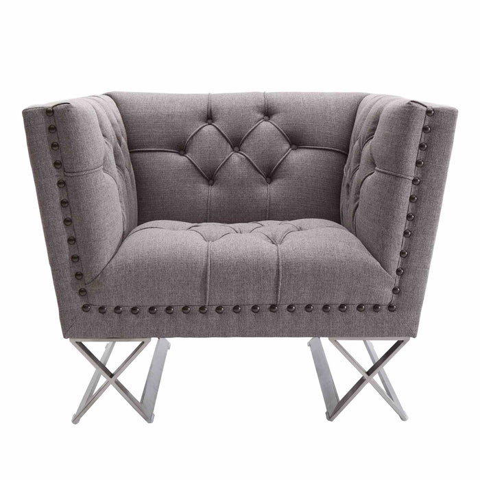 Odyssey Sofa Chair in Brushed Stainless Steel finish with Gray Tweed and Black Nail heads