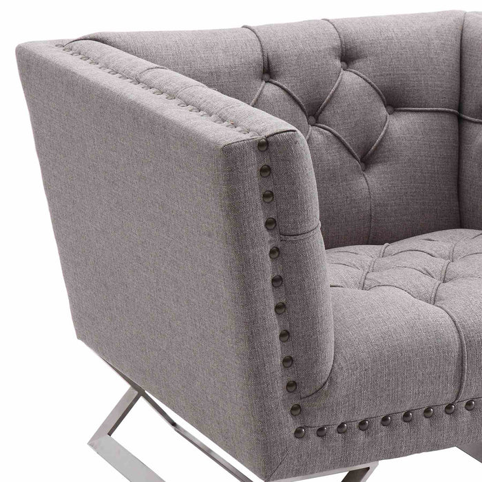 Odyssey Sofa Chair in Brushed Stainless Steel finish with Gray Tweed and Black Nail heads