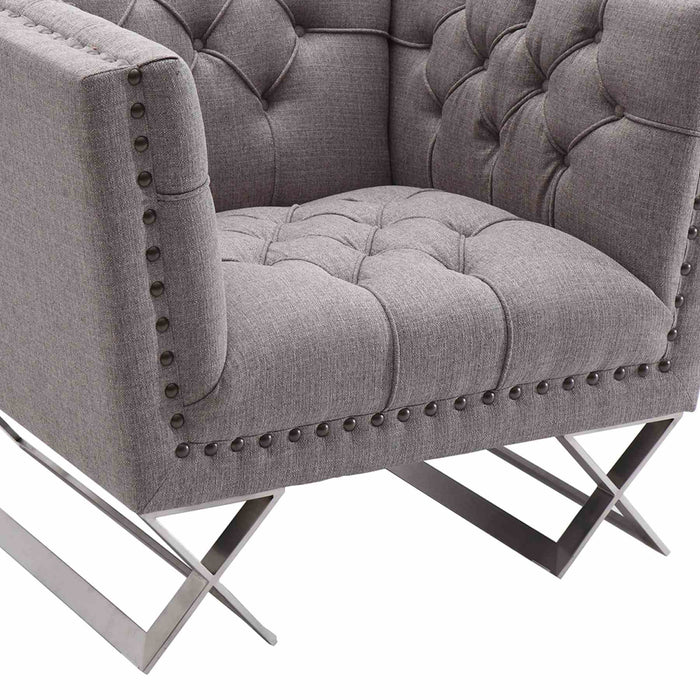 Odyssey Sofa Chair in Brushed Stainless Steel finish with Gray Tweed and Black Nail heads