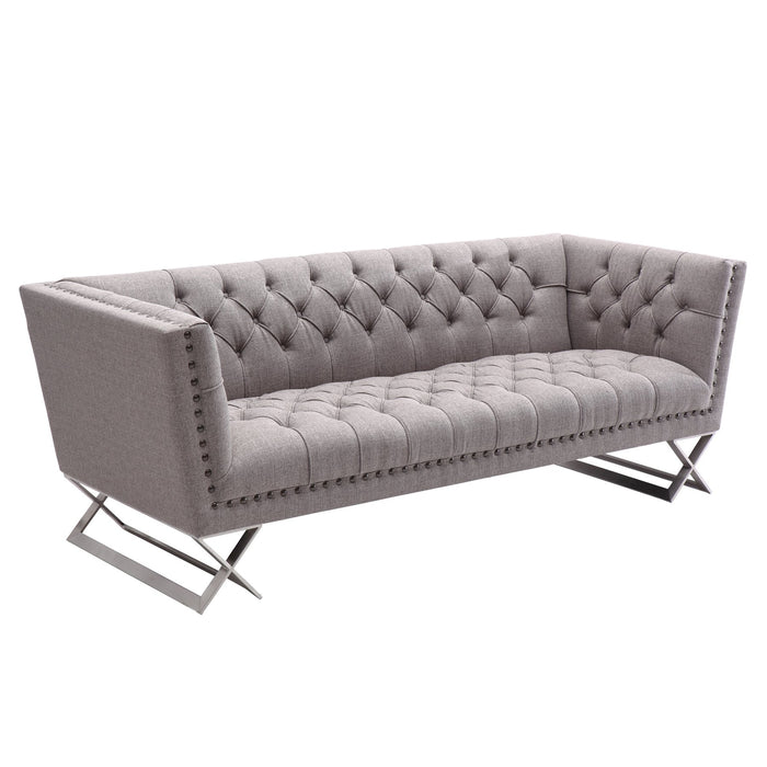 Odyssey Sofa in Brushed Stainless Steel finish with Gray Tweed and Black Nail heads