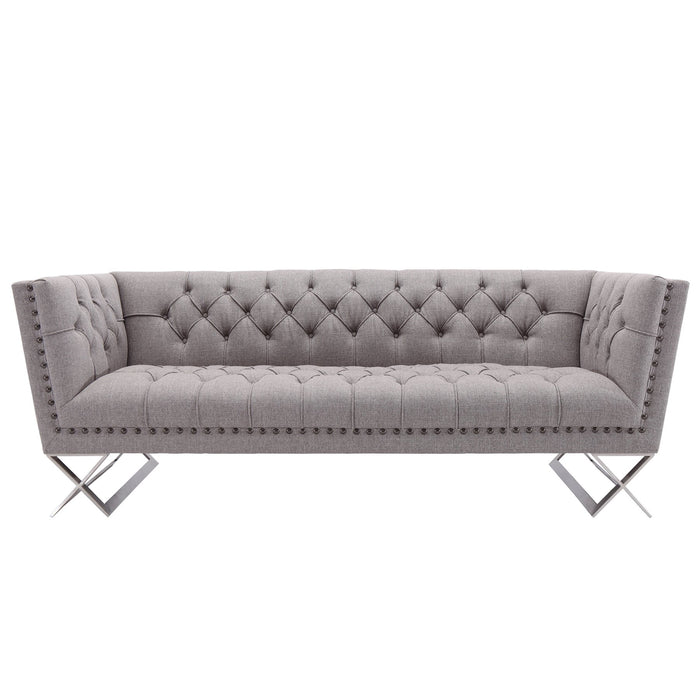 Odyssey Sofa in Brushed Stainless Steel finish with Gray Tweed and Black Nail heads