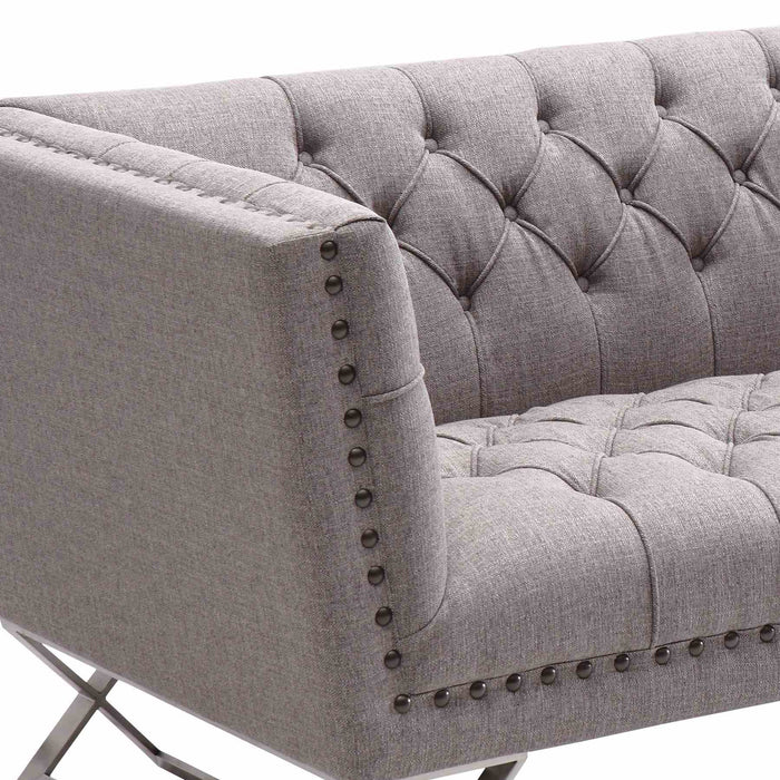 Odyssey Sofa in Brushed Stainless Steel finish with Gray Tweed and Black Nail heads