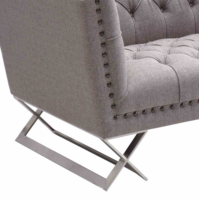Odyssey Sofa in Brushed Stainless Steel finish with Gray Tweed and Black Nail heads