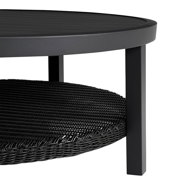 Cayman Black Aluminum Outdoor Round Conversation Table with Wicker Shelf - Furniture City (CA)l