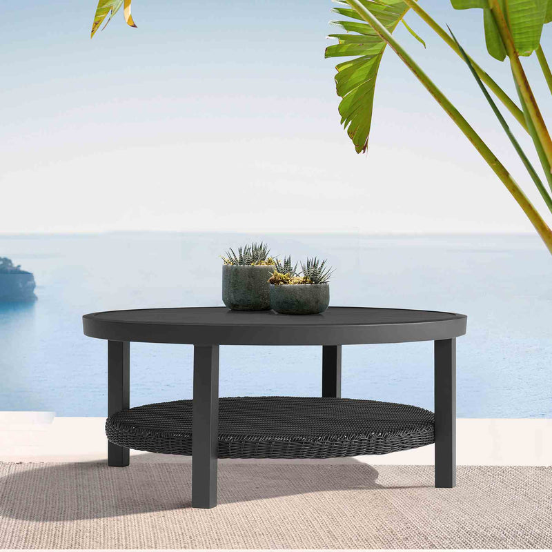 Cayman Black Aluminum Outdoor Round Conversation Table with Wicker Shelf - Furniture City (CA)l
