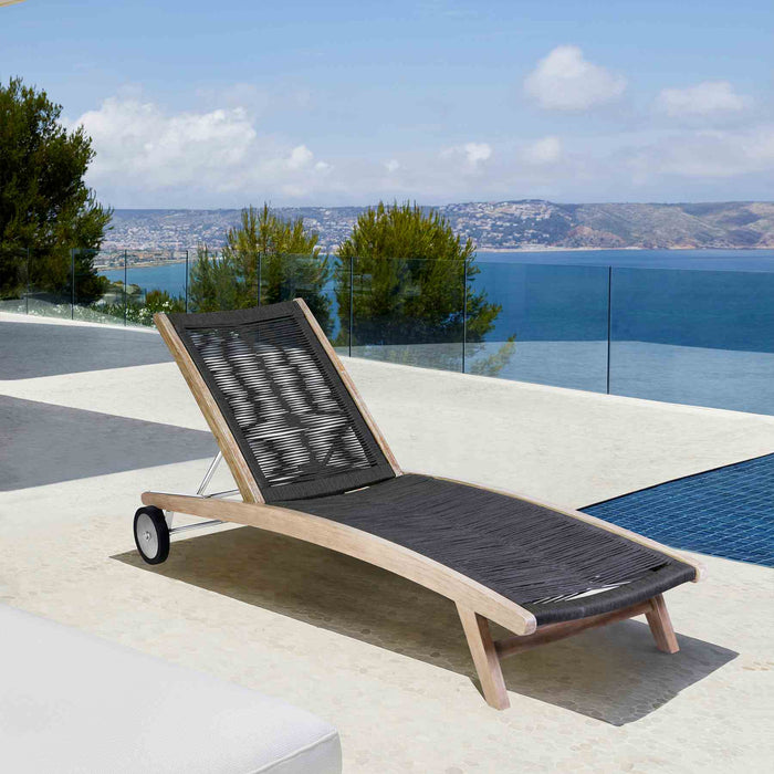 Odette Outdoor Patio Adjustable Chaise Lounge Chair in Eucalyptus Wood and Charcoal Rope