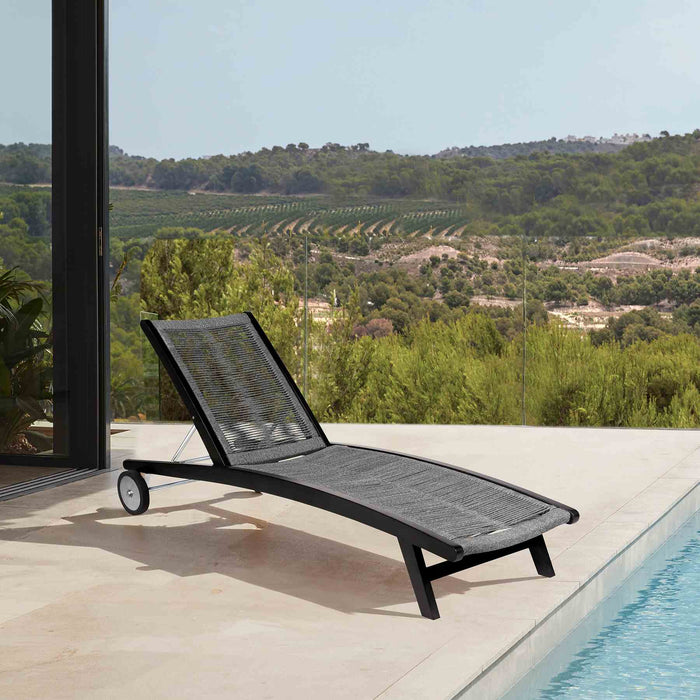 Odette Outdoor Patio Adjustable Chaise Lounge Chair in Eucalyptus Wood and Gray Rope