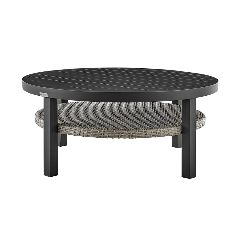 Palma Outdoor Patio Round Coffee Table in Black Aluminum with Gray Wicker Shelf - Furniture City (CA)l