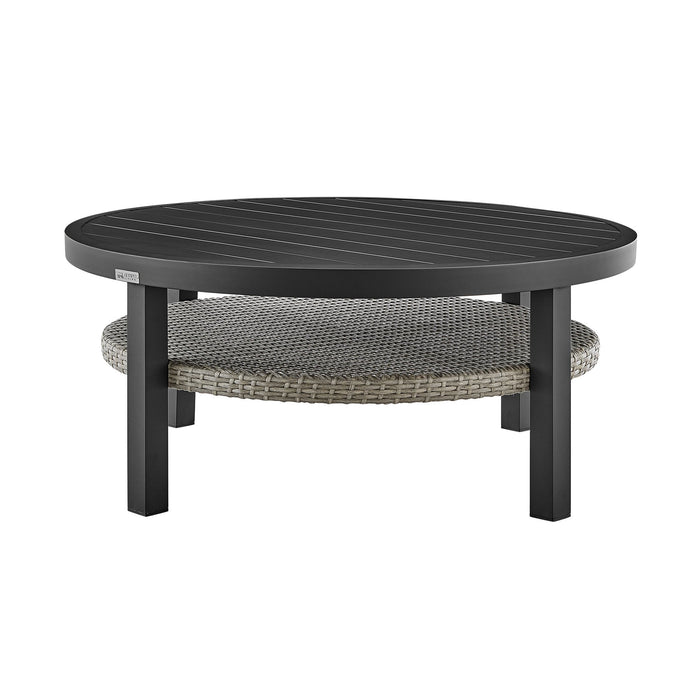 Palma Outdoor Patio Round Coffee Table in Black Aluminum with Gray Wicker Shelf