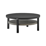 Palma Outdoor Patio Round Coffee Table in Black Aluminum with Gray Wicker Shelf - Furniture City (CA)l