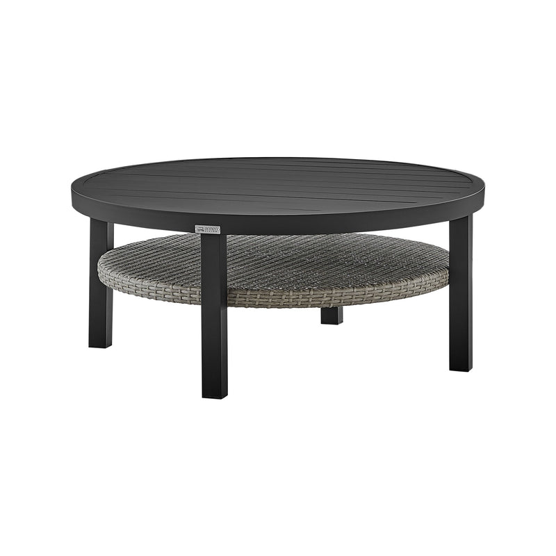 Palma Outdoor Patio Round Coffee Table in Black Aluminum with Gray Wicker Shelf - Furniture City (CA)l