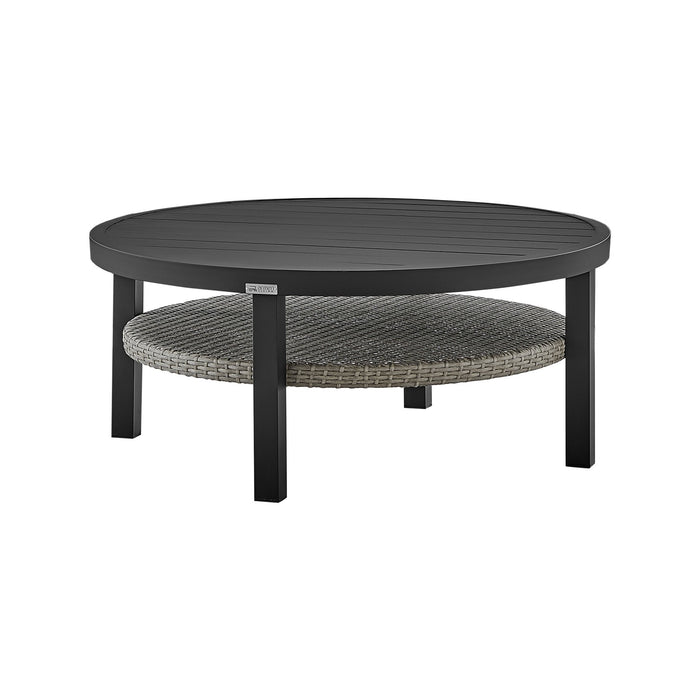 Palma Outdoor Patio Round Coffee Table in Black Aluminum with Gray Wicker Shelf