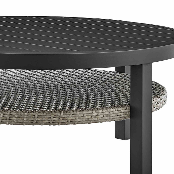 Palma Outdoor Patio Round Coffee Table in Black Aluminum with Gray Wicker Shelf