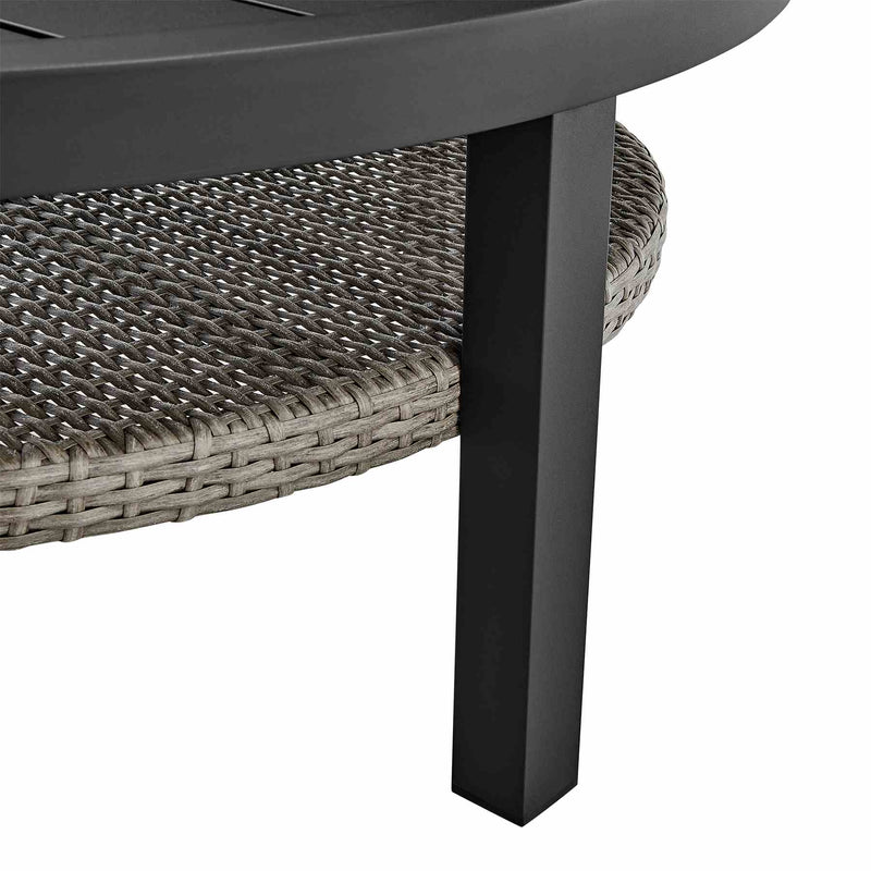 Palma Outdoor Patio Round Coffee Table in Black Aluminum with Gray Wicker Shelf - Furniture City (CA)l