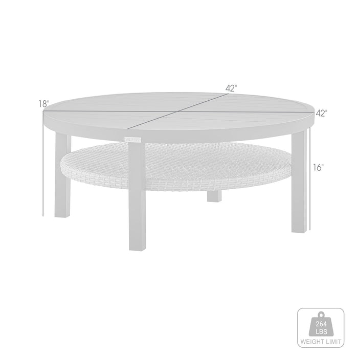 Palma Outdoor Patio Round Coffee Table in Black Aluminum with Gray Wicker Shelf