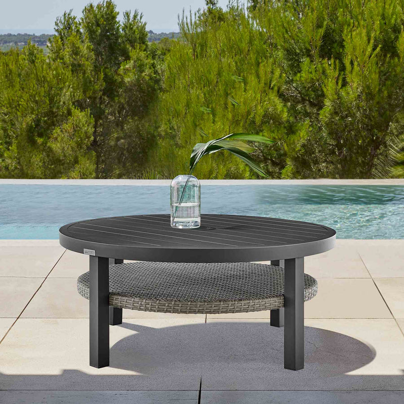 Palma Outdoor Patio Round Coffee Table in Black Aluminum with Gray Wicker Shelf - Furniture City (CA)l