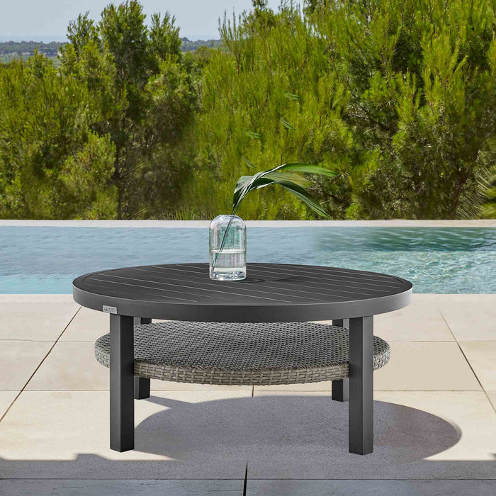 Palma Outdoor Patio Round Coffee Table in Black Aluminum with Gray Wicker Shelf