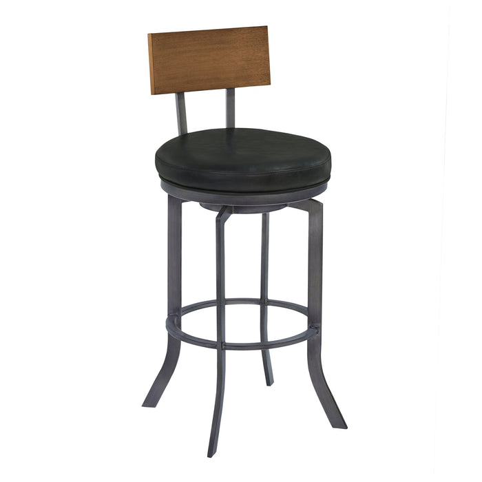 Ojai 26" Counter Height Metal Swivel Barstool in Vintage Black Faux Leather with Mineral Finish and Walnut Wood Back