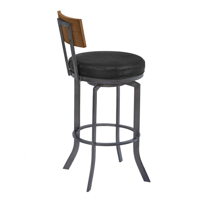 Ojai 26" Counter Height Metal Swivel Barstool in Vintage Black Faux Leather with Mineral Finish and Walnut Wood Back