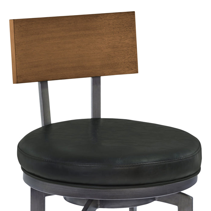 Ojai 26" Counter Height Metal Swivel Barstool in Vintage Black Faux Leather with Mineral Finish and Walnut Wood Back