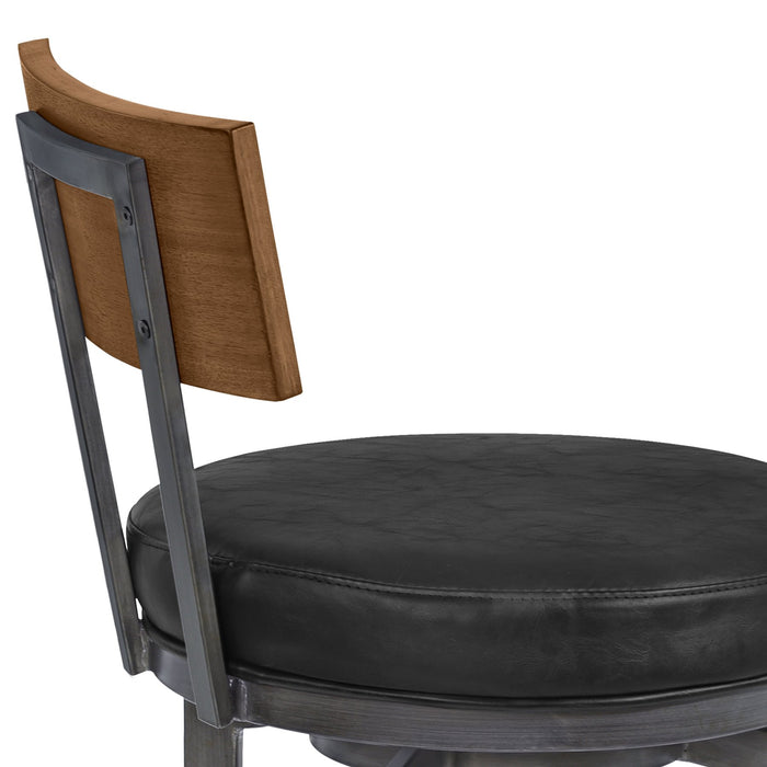 Ojai 26" Counter Height Metal Swivel Barstool in Vintage Black Faux Leather with Mineral Finish and Walnut Wood Back