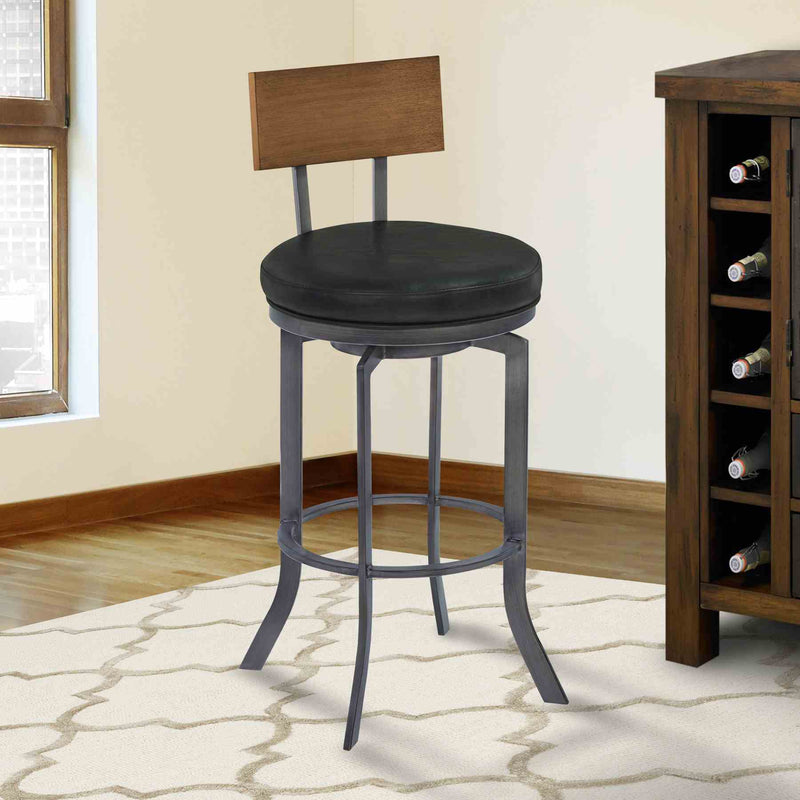 Ojai 26" Counter Height Metal Swivel Barstool in Vintage Black Faux Leather with Mineral Finish and Walnut Wood Back - Furniture City (CA)l