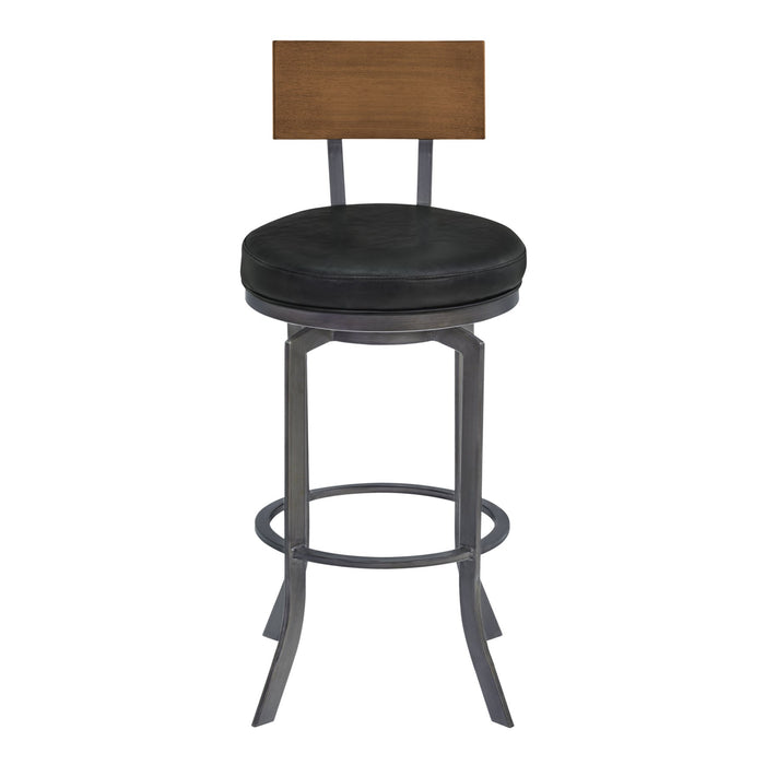 Ojai 30" Bar Height Metal Swivel Barstool in Vintage Black Faux Leather with Mineral Finish and Walnut Wood Back