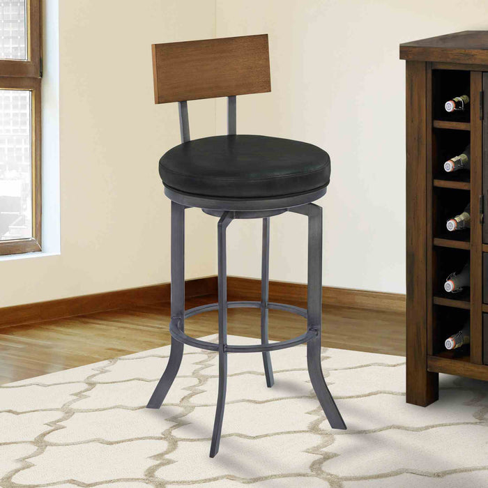 Ojai 30" Bar Height Metal Swivel Barstool in Vintage Black Faux Leather with Mineral Finish and Walnut Wood Back