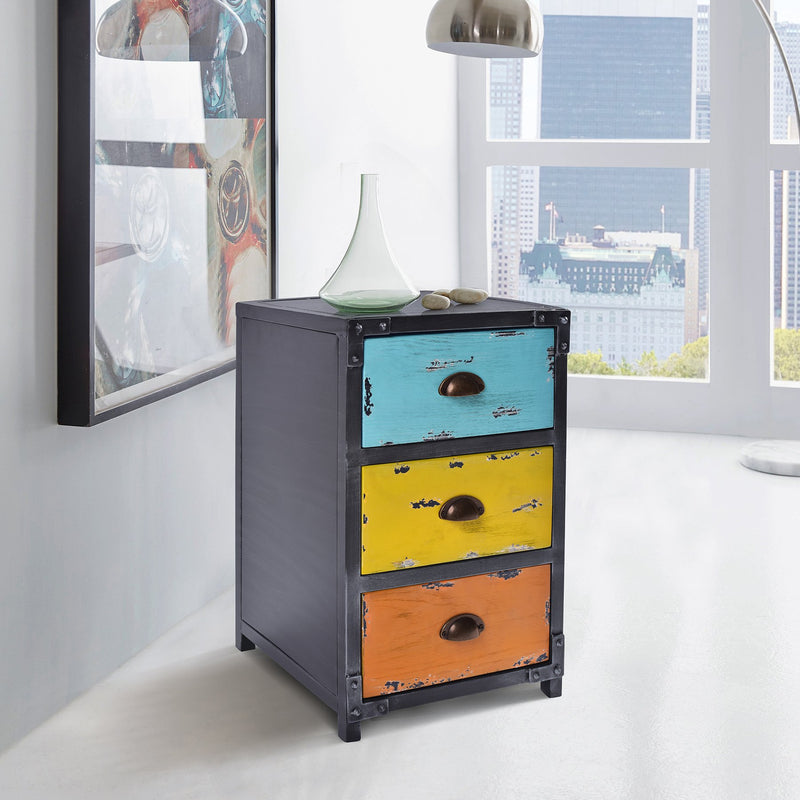 Oskar Industrial 3-Drawer End Table in Industrial Gray and Pine Wood - Furniture City (CA)l