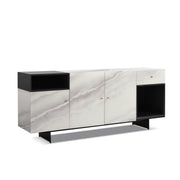 Olivia Modern 3-Door Sideboard with White Marble-Effect Tempered Glass and Black Open Shelving - Furniture City (CA)l