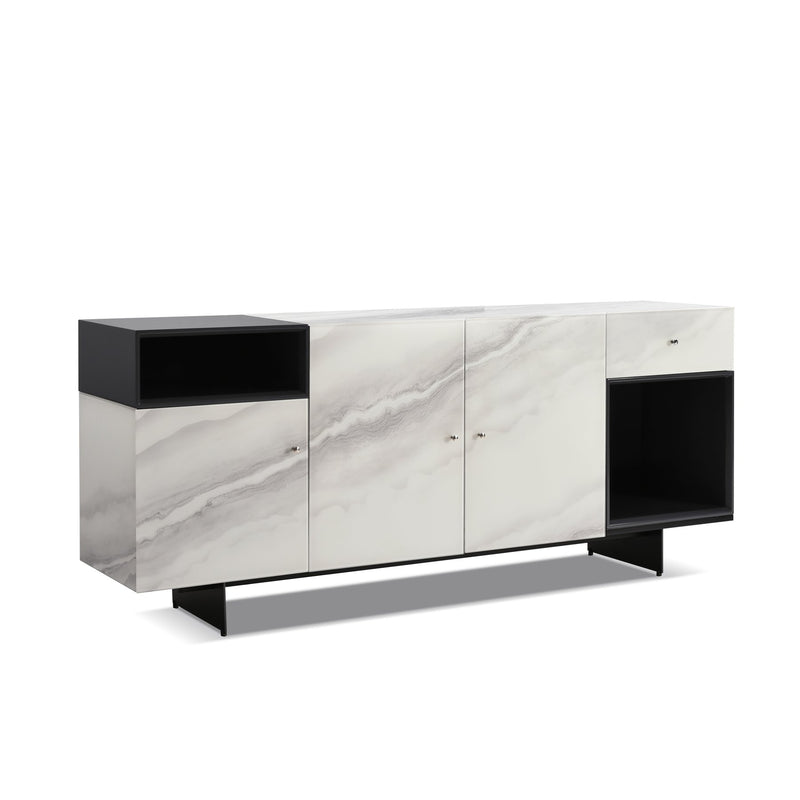 Olivia Modern 3-Door Sideboard with White Marble-Effect Tempered Glass and Black Open Shelving - Furniture City (CA)l