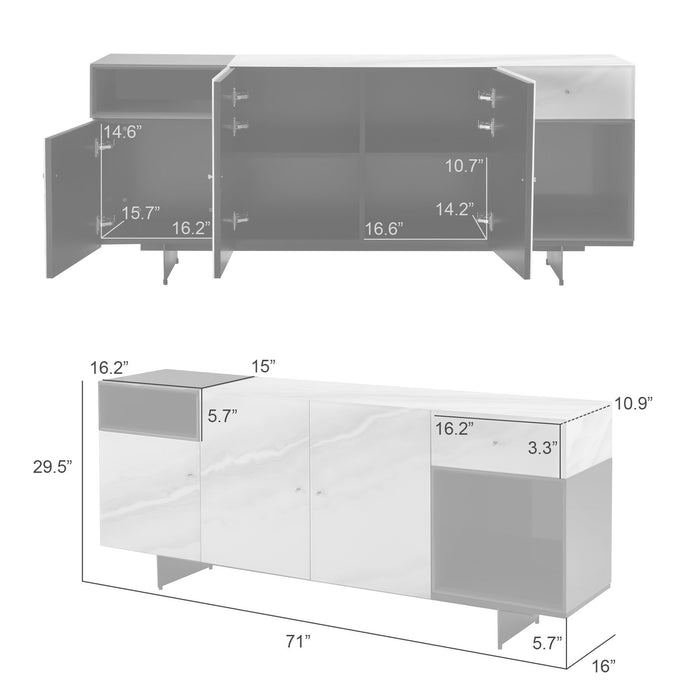 Olivia Modern 3-Door Sideboard with White Marble-Effect Tempered Glass and Black Open Shelving