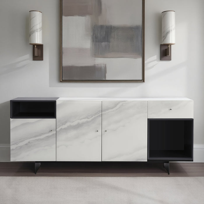 Olivia Modern 3-Door Sideboard with White Marble-Effect Tempered Glass and Black Open Shelving