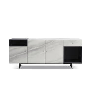 Olivia Modern 3-Door Sideboard with White Marble-Effect Tempered Glass and Black Open Shelving - Furniture City (CA)l