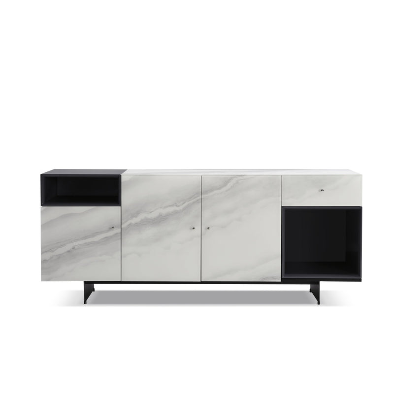 Olivia Modern 3-Door Sideboard with White Marble-Effect Tempered Glass and Black Open Shelving - Furniture City (CA)l