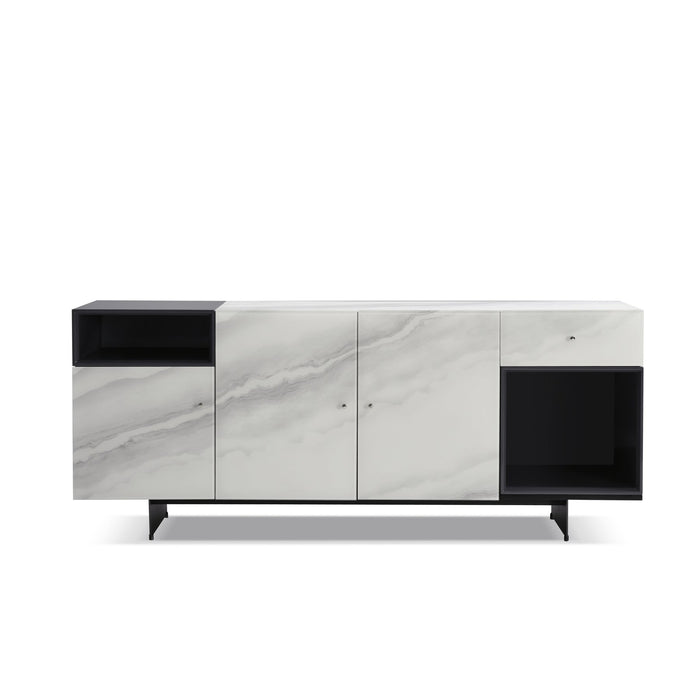 Olivia Modern 3-Door Sideboard with White Marble-Effect Tempered Glass and Black Open Shelving