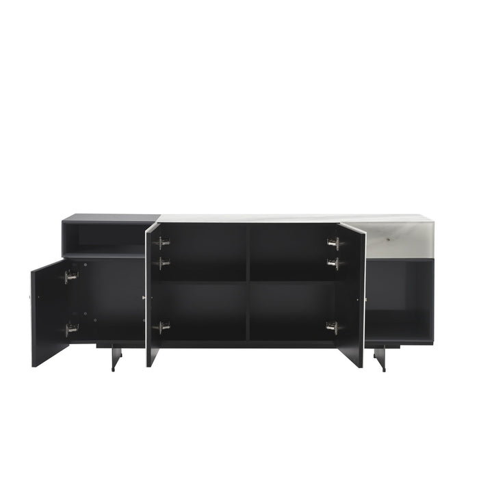Olivia Modern 3-Door Sideboard with White Marble-Effect Tempered Glass and Black Open Shelving