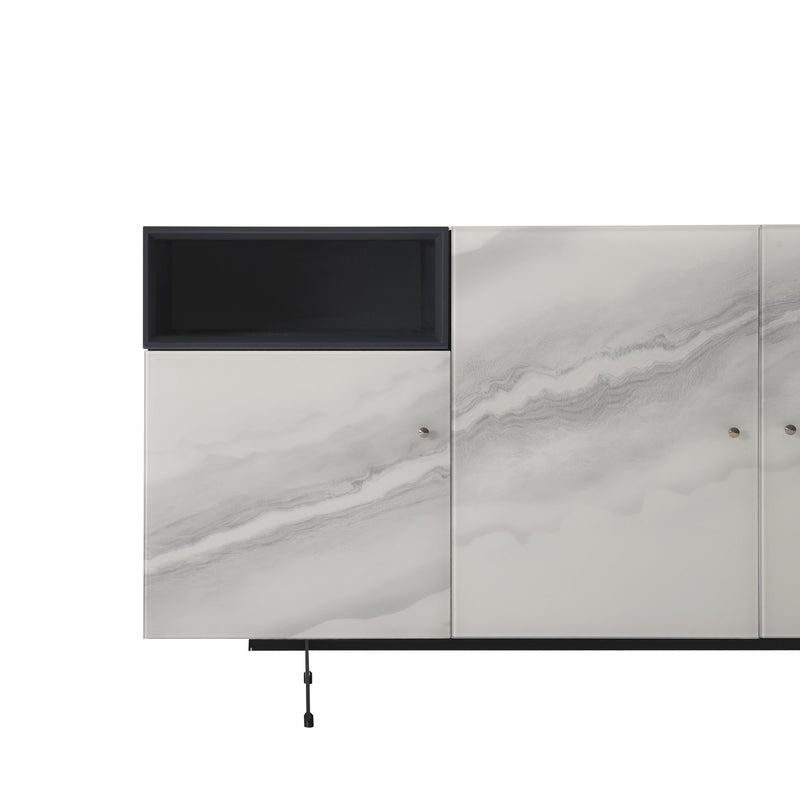 Olivia Modern 3-Door Sideboard with White Marble-Effect Tempered Glass and Black Open Shelving - Furniture City (CA)l
