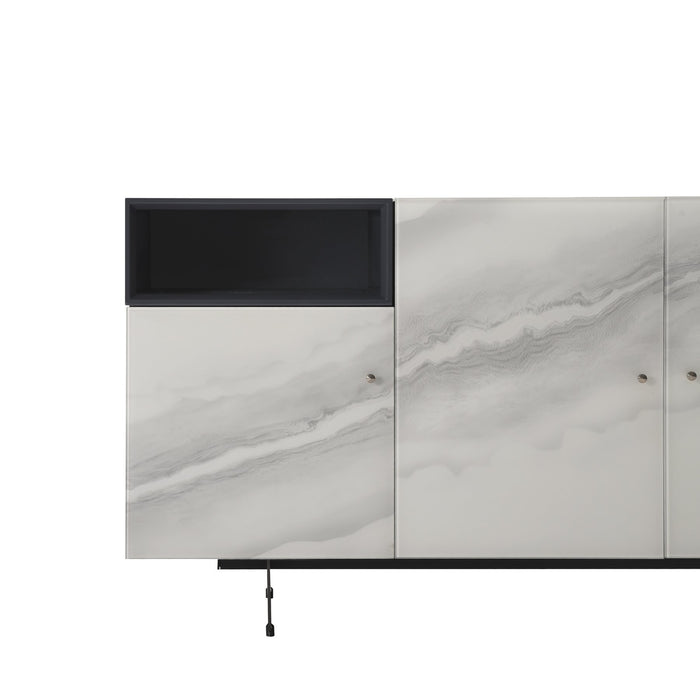 Olivia Modern 3-Door Sideboard with White Marble-Effect Tempered Glass and Black Open Shelving