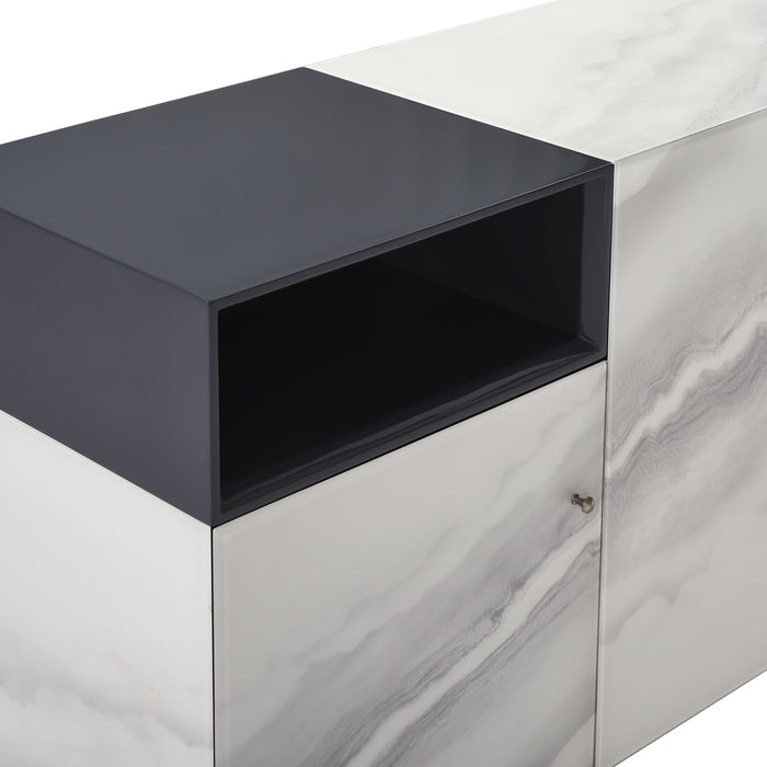 Olivia Modern 3-Door Sideboard with White Marble-Effect Tempered Glass and Black Open Shelving