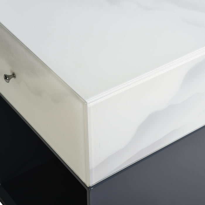 Olivia Modern 3-Door Sideboard with White Marble-Effect Tempered Glass and Black Open Shelving