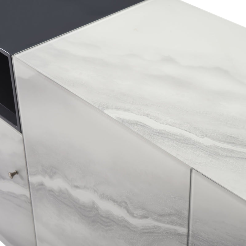 Olivia Modern 3-Door Sideboard with White Marble-Effect Tempered Glass and Black Open Shelving - Furniture City (CA)l