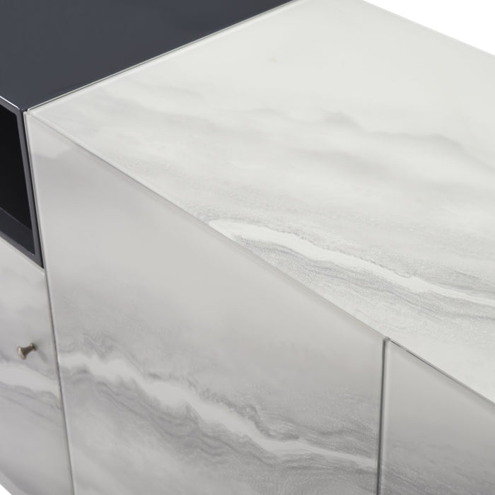 Olivia Modern 3-Door Sideboard with White Marble-Effect Tempered Glass and Black Open Shelving